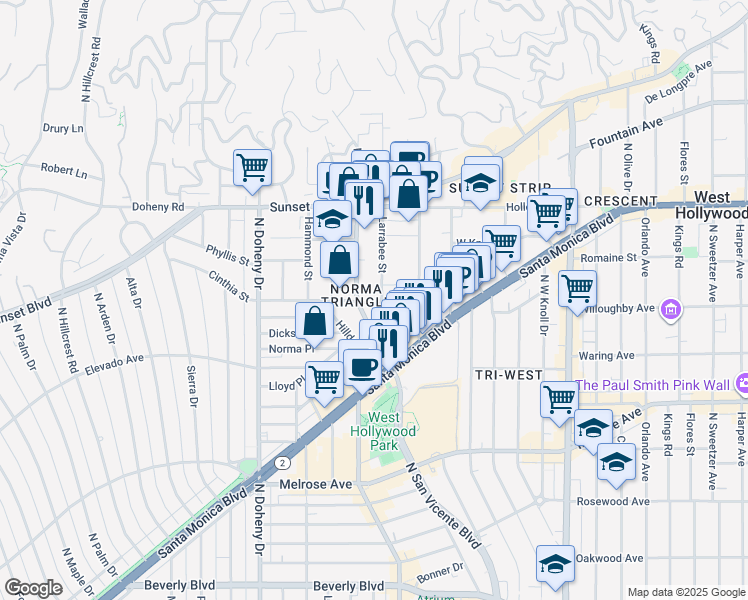 map of restaurants, bars, coffee shops, grocery stores, and more near 8861 Cynthia Street in West Hollywood