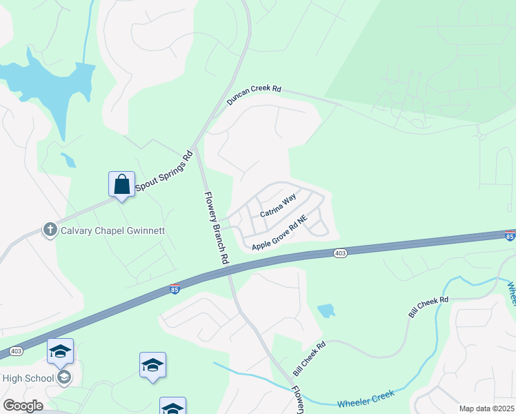 map of restaurants, bars, coffee shops, grocery stores, and more near 2090 Cabela Drive in Buford
