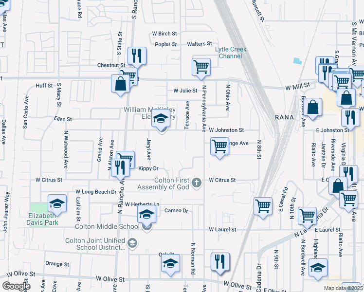 map of restaurants, bars, coffee shops, grocery stores, and more near 1741 Terrace Avenue in Colton