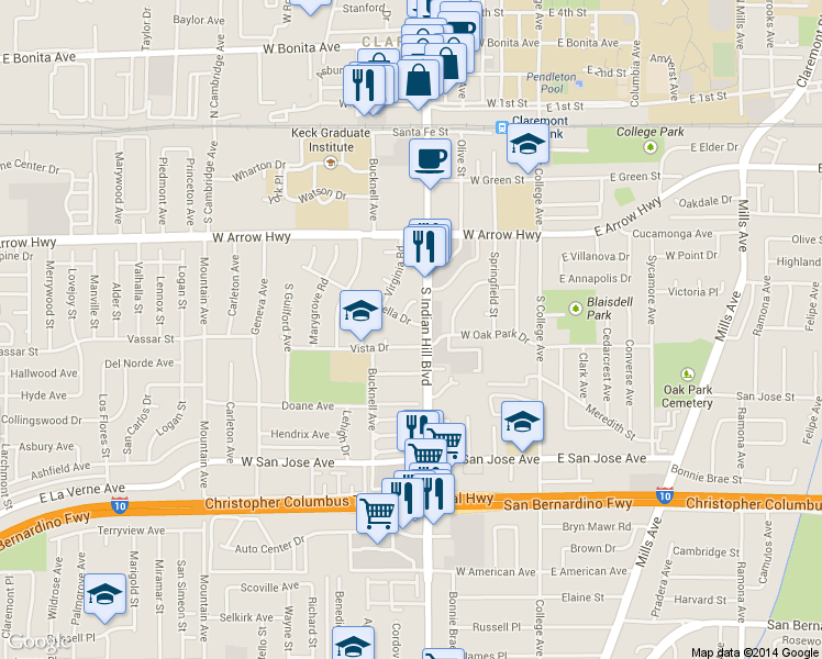 map of restaurants, bars, coffee shops, grocery stores, and more near 418 Cinderella Drive in Claremont