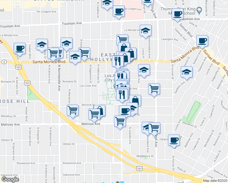 map of restaurants, bars, coffee shops, grocery stores, and more near 855 North Vermont Avenue in Los Angeles