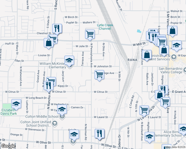 map of restaurants, bars, coffee shops, grocery stores, and more near 1736 North Pennsylvania Avenue in Colton