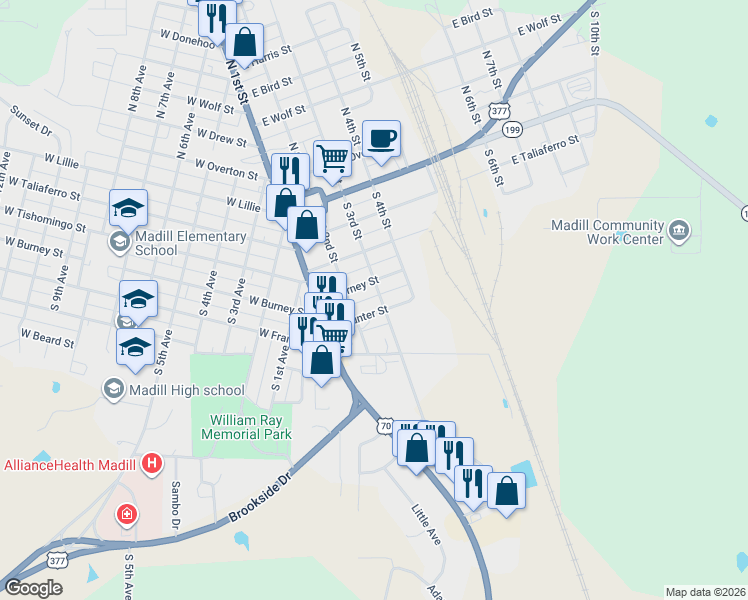 map of restaurants, bars, coffee shops, grocery stores, and more near 406 South 3rd Street in Madill