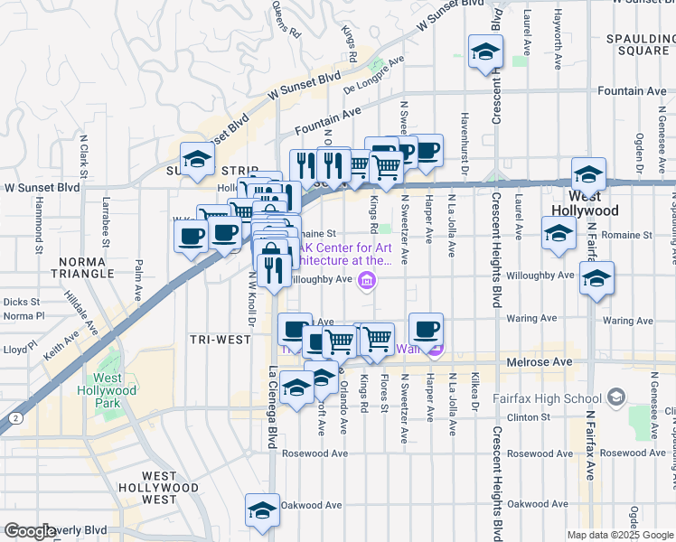 map of restaurants, bars, coffee shops, grocery stores, and more near 909 Orlando Avenue in West Hollywood