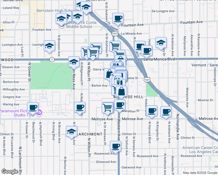 map of restaurants, bars, coffee shops, grocery stores, and more near 5436 Barton Avenue in Los Angeles