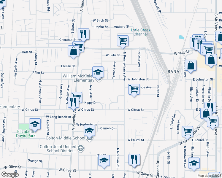map of restaurants, bars, coffee shops, grocery stores, and more near 1741 Terrace Avenue in Colton
