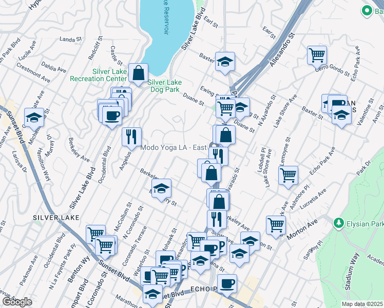 map of restaurants, bars, coffee shops, grocery stores, and more near 2401 Effie Street in Los Angeles