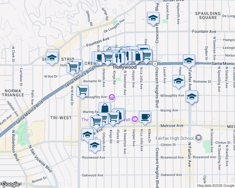 map of restaurants, bars, coffee shops, grocery stores, and more near 906 Kings Road in West Hollywood