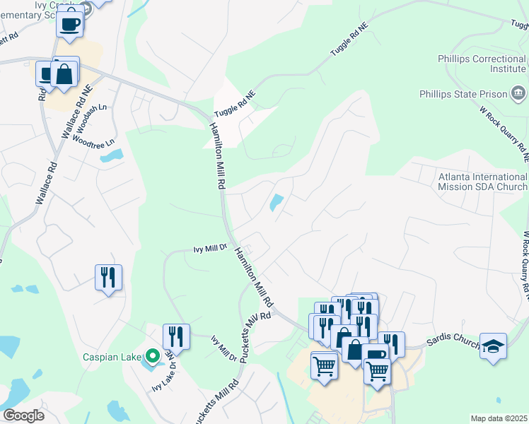 map of restaurants, bars, coffee shops, grocery stores, and more near 3791 Plantation Mill Drive in Buford