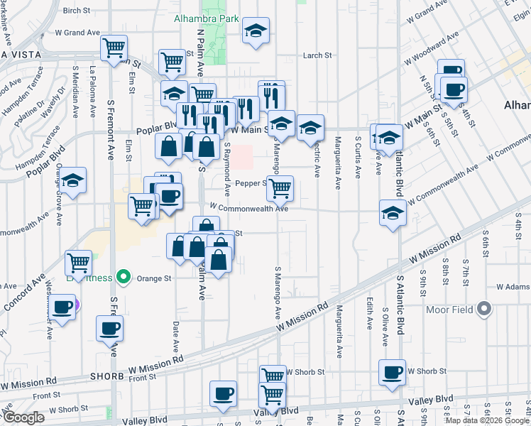 map of restaurants, bars, coffee shops, grocery stores, and more near 1720 West Commonwealth Avenue in Alhambra