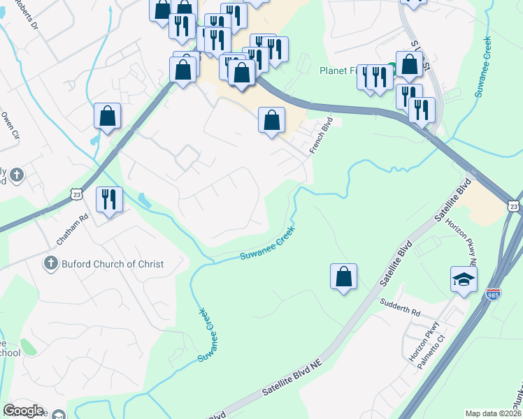 map of restaurants, bars, coffee shops, grocery stores, and more near 1598 Centerville Drive in Buford