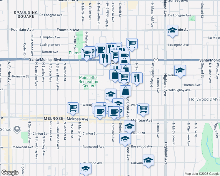 map of restaurants, bars, coffee shops, grocery stores, and more near 7209 Willoughby Avenue in Los Angeles