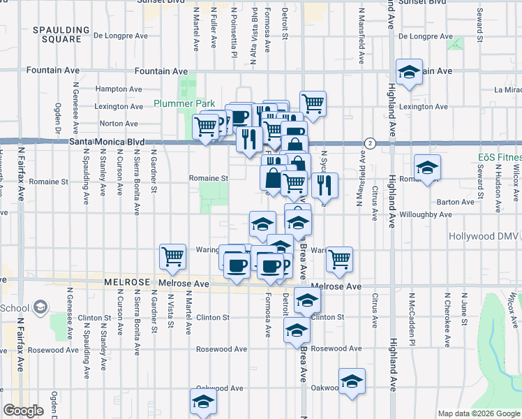 map of restaurants, bars, coffee shops, grocery stores, and more near 7209 Willoughby Avenue in Los Angeles
