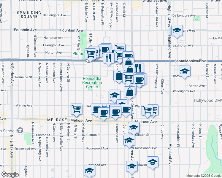 map of restaurants, bars, coffee shops, grocery stores, and more near 7223 Willoughby Avenue in Los Angeles