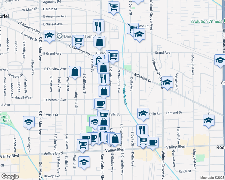 map of restaurants, bars, coffee shops, grocery stores, and more near 1116 South Gladys Avenue in San Gabriel