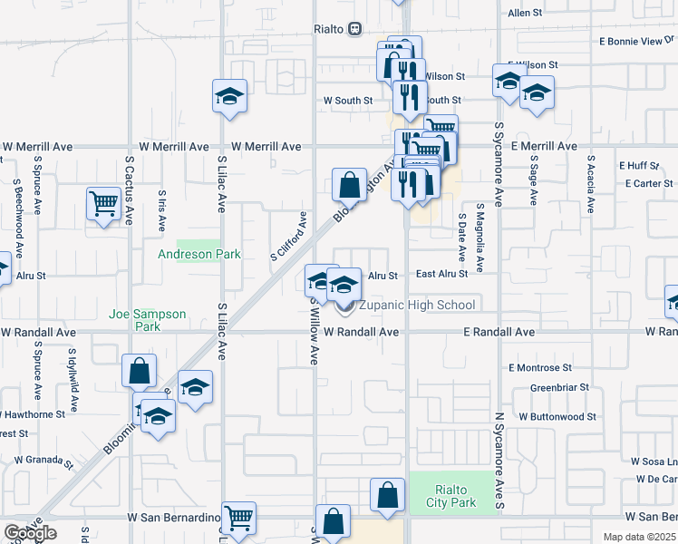 map of restaurants, bars, coffee shops, grocery stores, and more near 739 South Gardena Avenue in Rialto