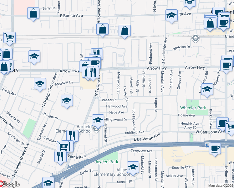 map of restaurants, bars, coffee shops, grocery stores, and more near 2417 Highland Pines Road in Pomona