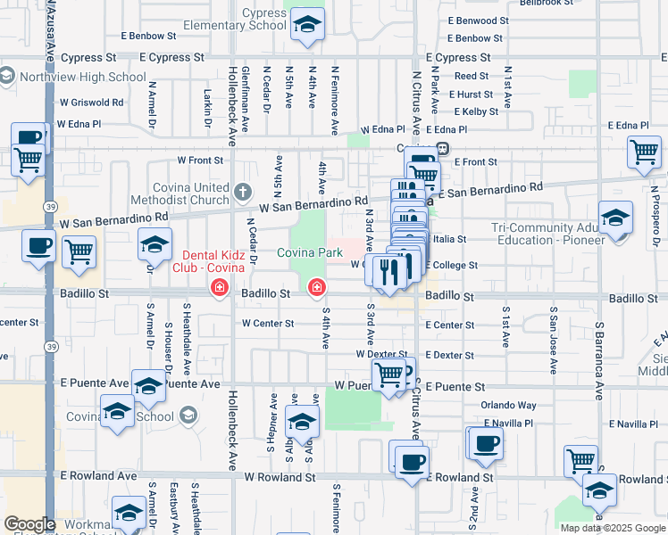 map of restaurants, bars, coffee shops, grocery stores, and more near 268 West College Street in Covina