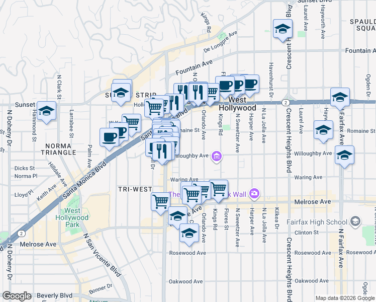 map of restaurants, bars, coffee shops, grocery stores, and more near 912 North Croft Avenue in Los Angeles