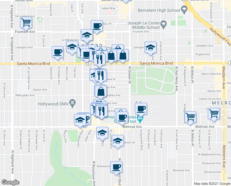 map of restaurants, bars, coffee shops, grocery stores, and more near 910 North El Centro Avenue in Los Angeles