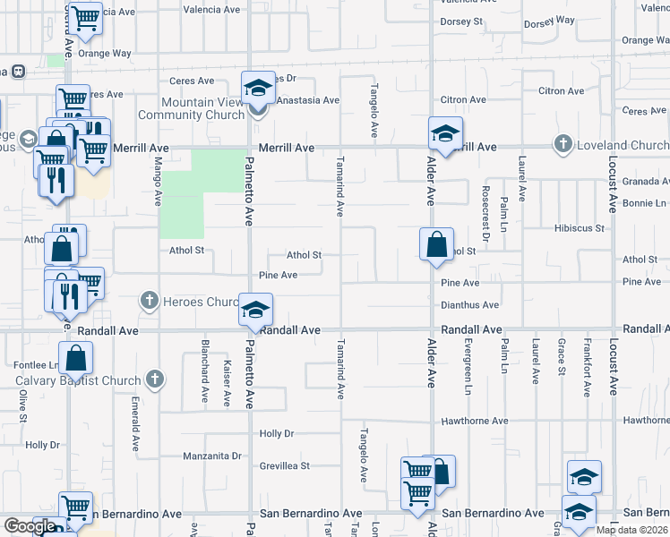 map of restaurants, bars, coffee shops, grocery stores, and more near 9166 Tamarind Avenue in Fontana