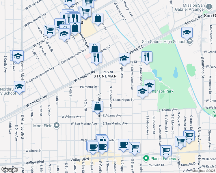 map of restaurants, bars, coffee shops, grocery stores, and more near 751 A South Stoneman Avenue in Alhambra