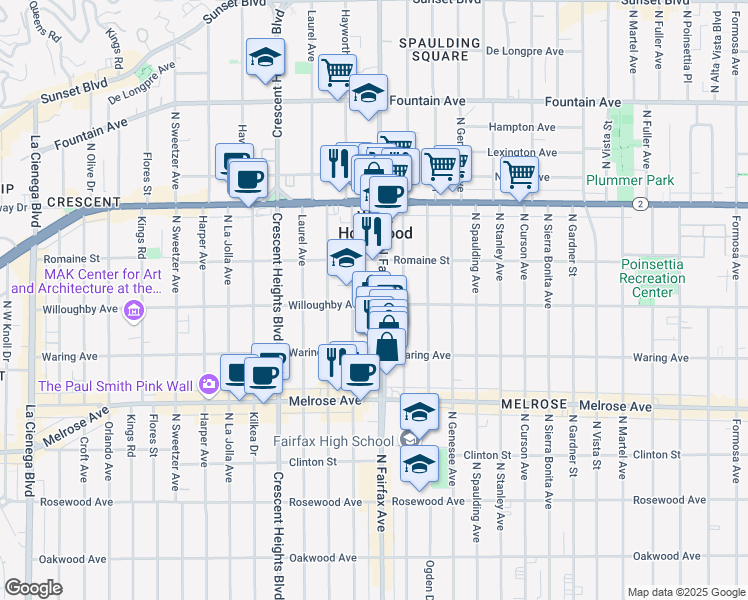 map of restaurants, bars, coffee shops, grocery stores, and more near 905 1/2 North Fairfax Avenue in West Hollywood