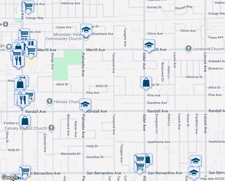 map of restaurants, bars, coffee shops, grocery stores, and more near 9166 Tamarind Avenue in Fontana