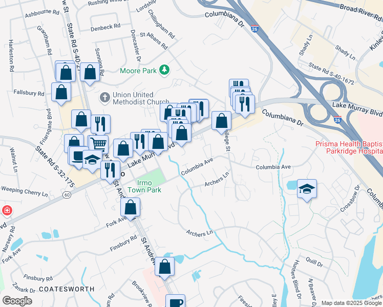map of restaurants, bars, coffee shops, grocery stores, and more near 1075 Lake Murray Boulevard in Irmo