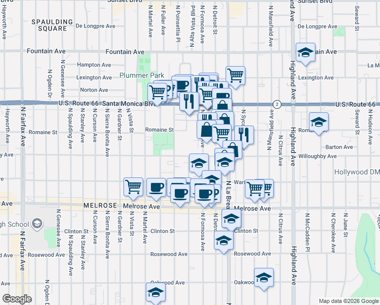 map of restaurants, bars, coffee shops, grocery stores, and more near 7229 Willoughby Avenue in Los Angeles