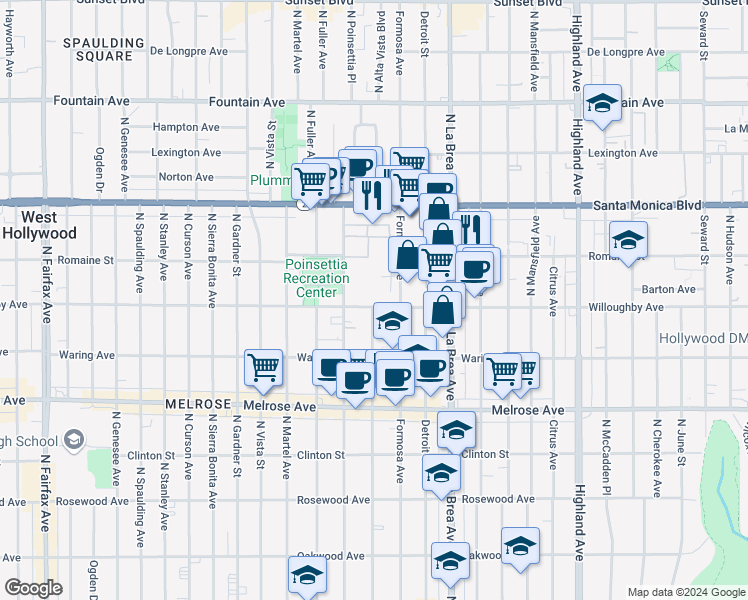 map of restaurants, bars, coffee shops, grocery stores, and more near 7229 Willoughby Avenue in Los Angeles