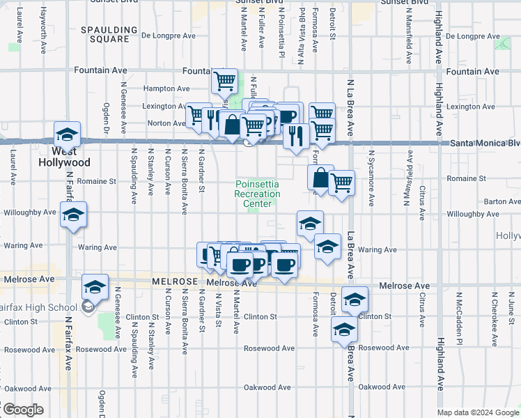 map of restaurants, bars, coffee shops, grocery stores, and more near 7327 Willoughby Avenue in Los Angeles