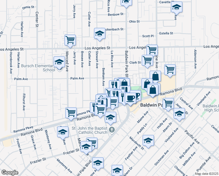 map of restaurants, bars, coffee shops, grocery stores, and more near 4123 1/2 La Rica Avenue in Baldwin Park