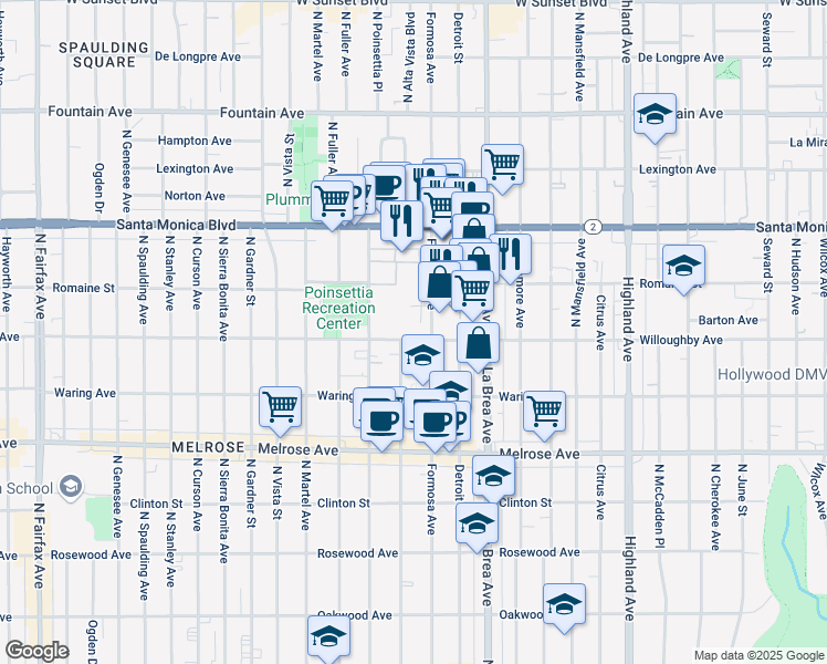 map of restaurants, bars, coffee shops, grocery stores, and more near 7215 Willoughby Avenue in Los Angeles