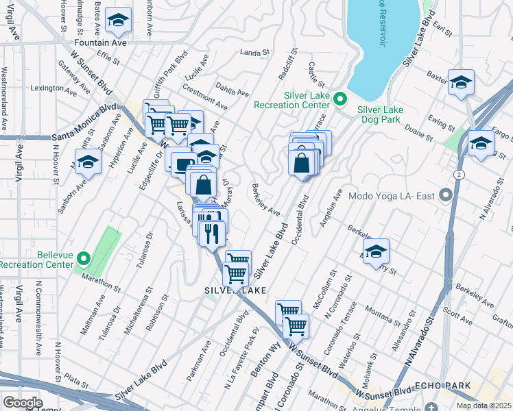 map of restaurants, bars, coffee shops, grocery stores, and more near 3033 Berkeley Circle in Los Angeles