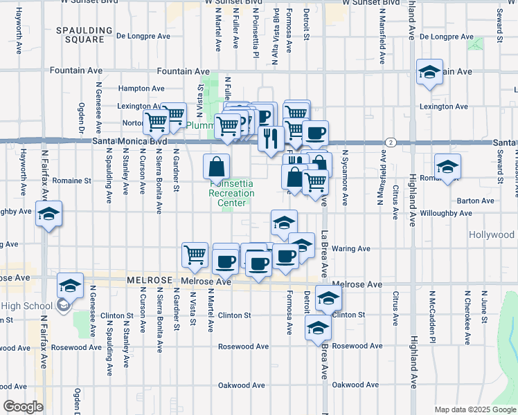 map of restaurants, bars, coffee shops, grocery stores, and more near 7267 Willoughby Avenue in Los Angeles