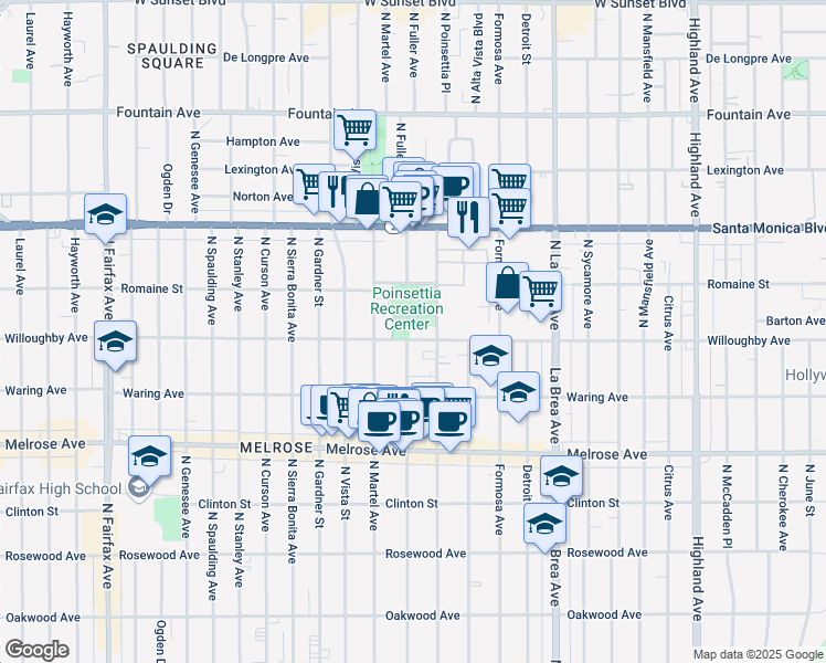 map of restaurants, bars, coffee shops, grocery stores, and more near 7327 Willoughby Avenue in Los Angeles