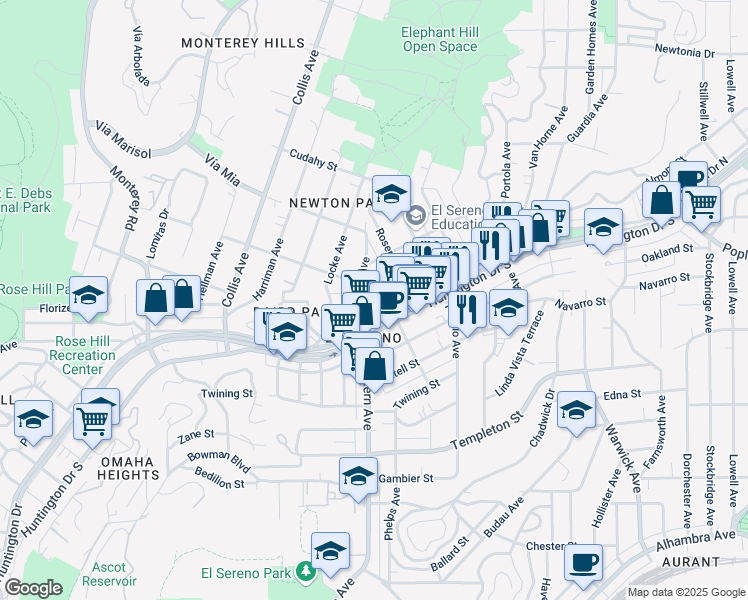 map of restaurants, bars, coffee shops, grocery stores, and more near 3625 Castalia Ave in Los Angeles