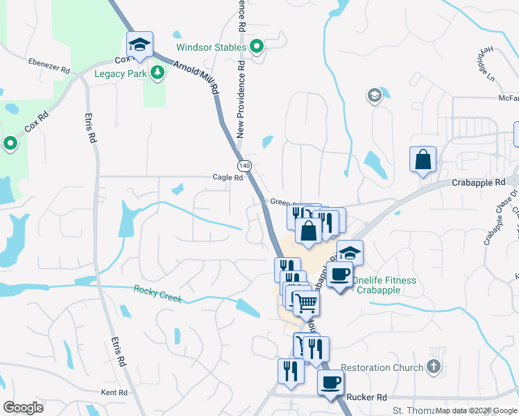 map of restaurants, bars, coffee shops, grocery stores, and more near 1005 Birchdale Drive in Alpharetta