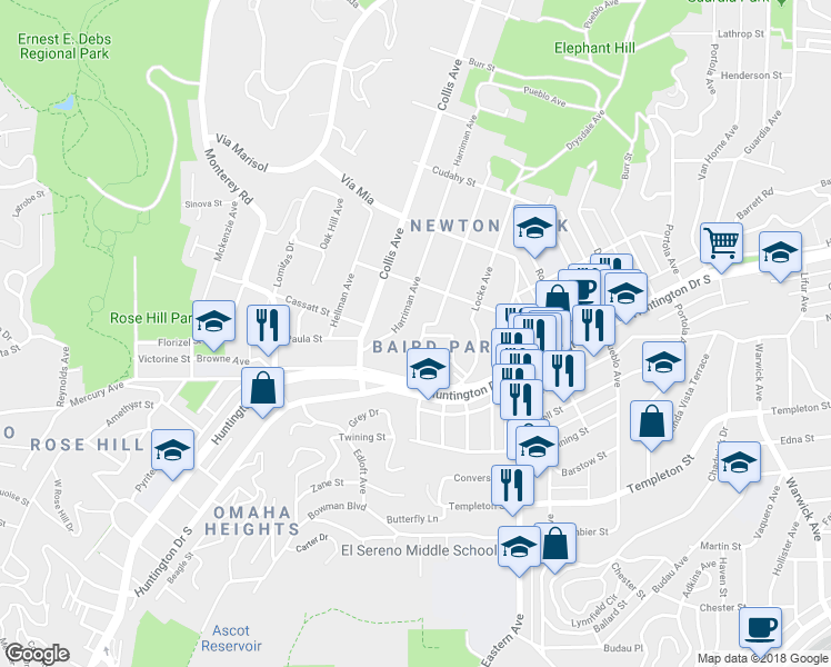 map of restaurants, bars, coffee shops, grocery stores, and more near 4795 Hillsdale Drive in Los Angeles