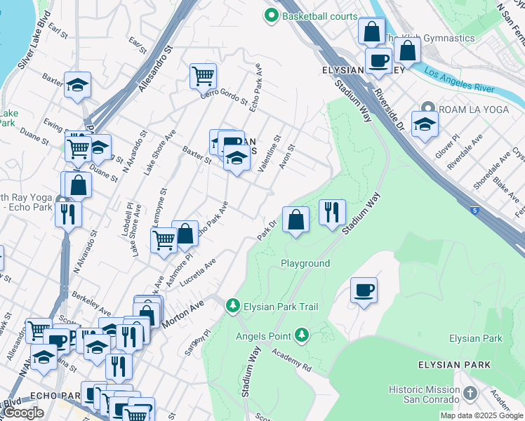 map of restaurants, bars, coffee shops, grocery stores, and more near 1431 Ewing Street in Los Angeles