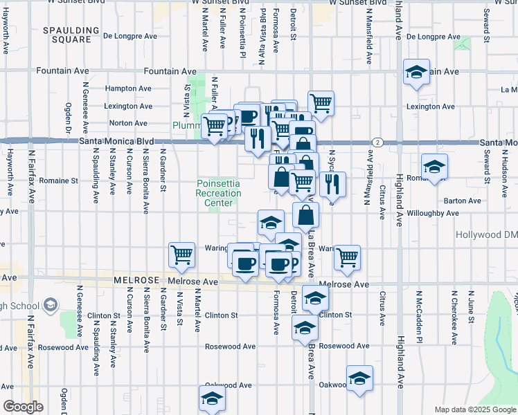 map of restaurants, bars, coffee shops, grocery stores, and more near 7215 Willoughby Avenue in Los Angeles
