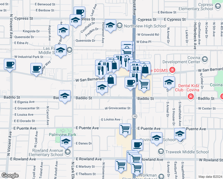 map of restaurants, bars, coffee shops, grocery stores, and more near 1123 Spare Road in Covina