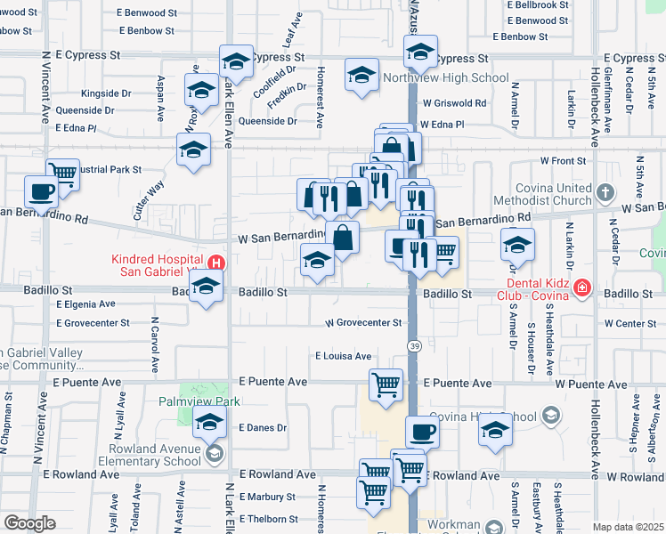 map of restaurants, bars, coffee shops, grocery stores, and more near 229 Scratch Road in Covina