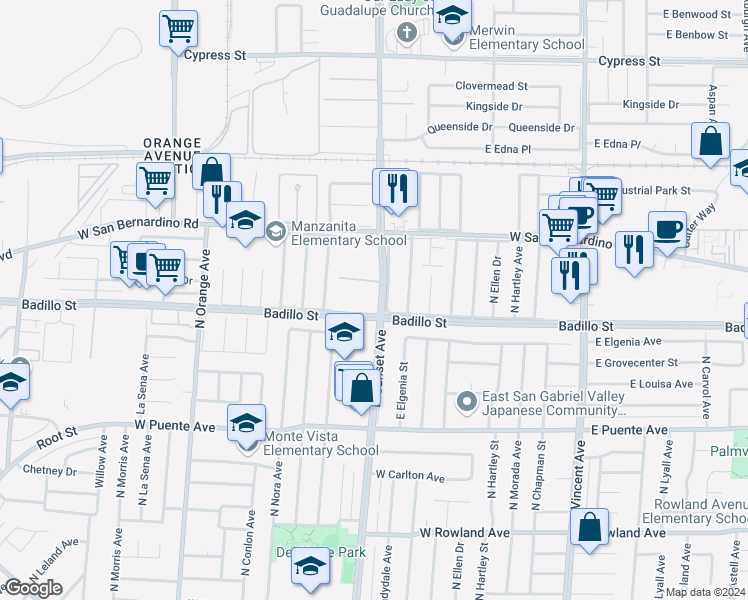 map of restaurants, bars, coffee shops, grocery stores, and more near 919 North Sunset Avenue in West Covina
