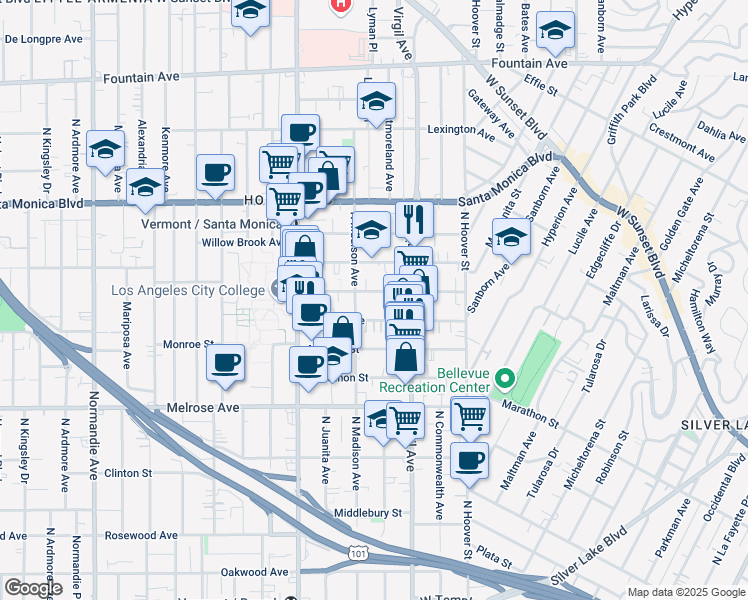 map of restaurants, bars, coffee shops, grocery stores, and more near 4346 Burns Avenue in Los Angeles