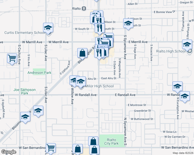 map of restaurants, bars, coffee shops, grocery stores, and more near 748 South Riverside Avenue in Rialto