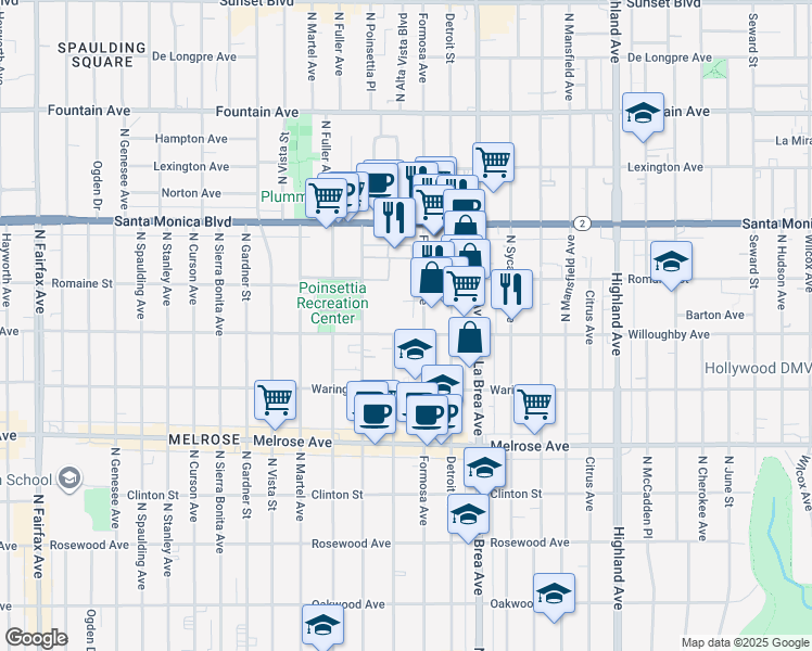 map of restaurants, bars, coffee shops, grocery stores, and more near 7215 Willoughby Avenue in Los Angeles