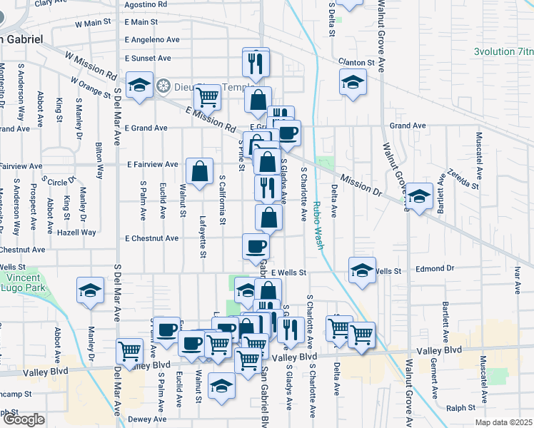 map of restaurants, bars, coffee shops, grocery stores, and more near 1116 South San Gabriel Boulevard in San Gabriel