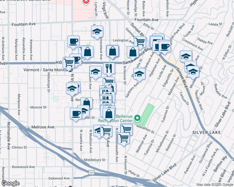 map of restaurants, bars, coffee shops, grocery stores, and more near 4226 Burns Avenue in Los Angeles